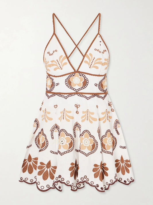 Image of Dresses. Product name - Jela Broderie Anglaise Cotton-blend Mini Dress in Brown colour by brand - Charo Ruiz