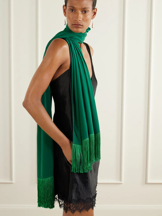 Image of Scarves & Shawls. Product name - Lydia Fringed Silk-twill Scarf in Green, Ivory colour by brand - Juju Vera