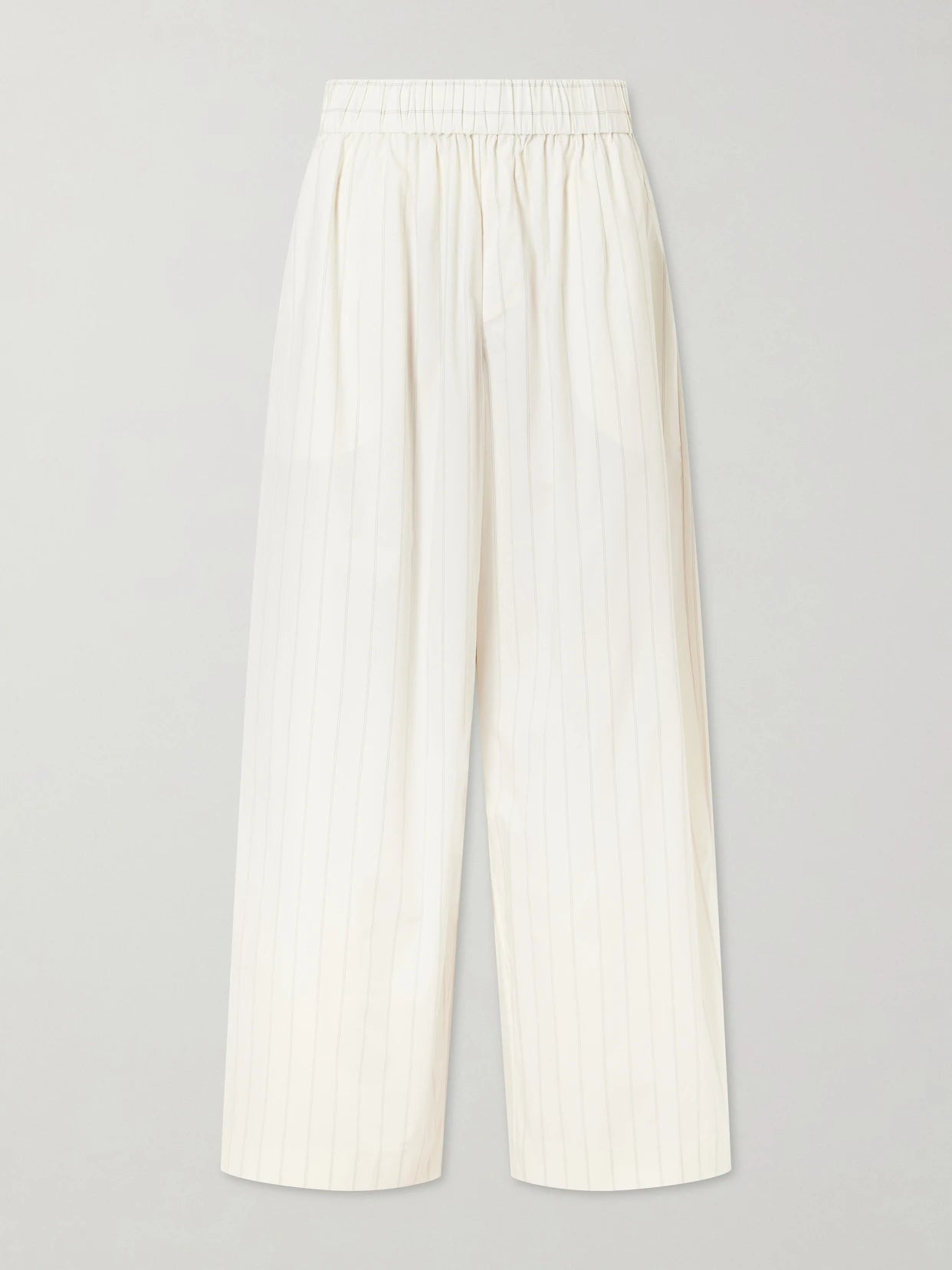 Image of a model wearing Pants. Product name - Everyday Striped Cotton-blend Poplin Wide-leg Pants in Ecru colour by brand - ST. AGNI