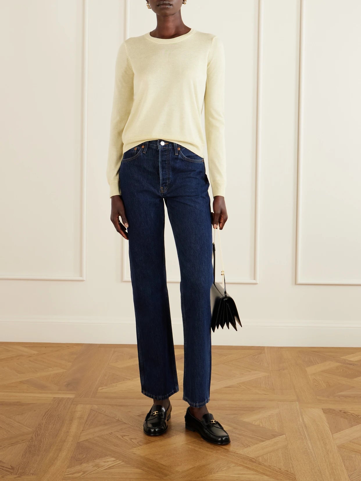 Image of a model wearing Outerwear. Product name - Ben Silk, Wool And Cashmere-blend Sweater in Pastel yellow colour by brand - La Ligne