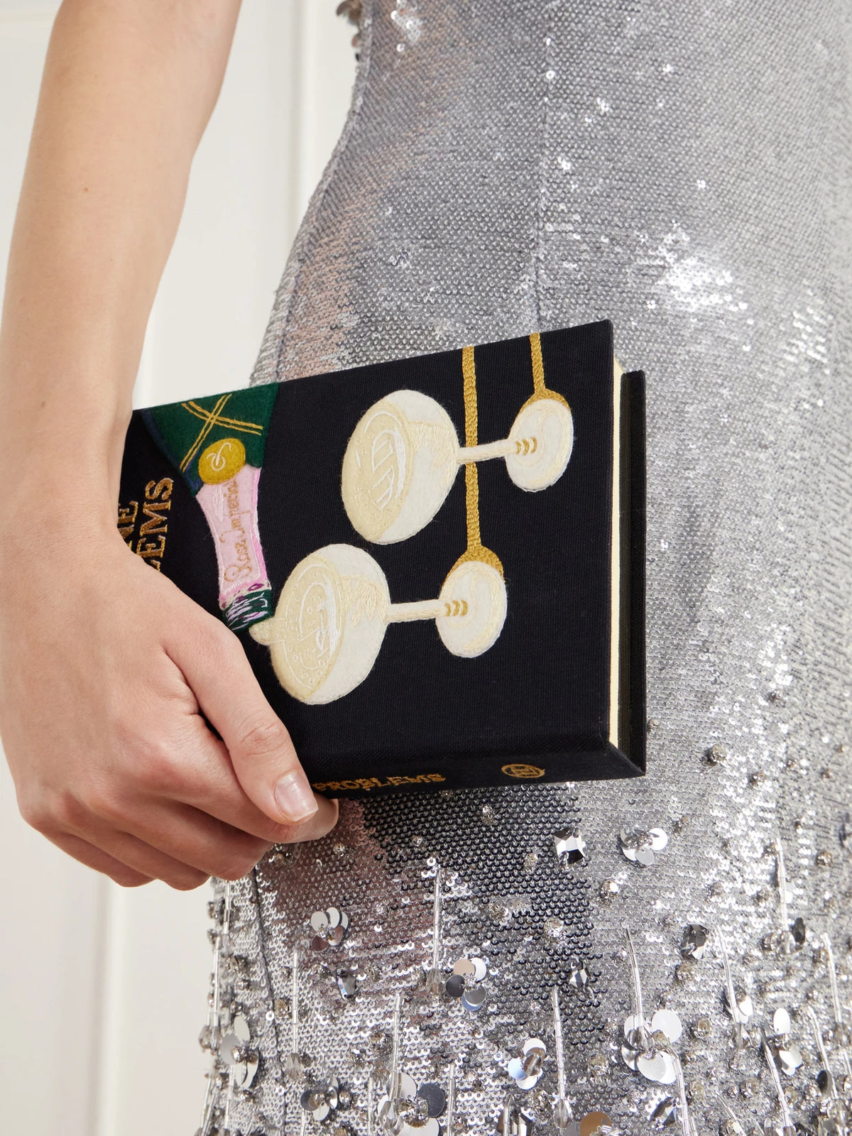 Image of Bags. Product name - Champagne Problems Embroidered Canvas Clutch in Black colour by brand - Olympia Le-Tan