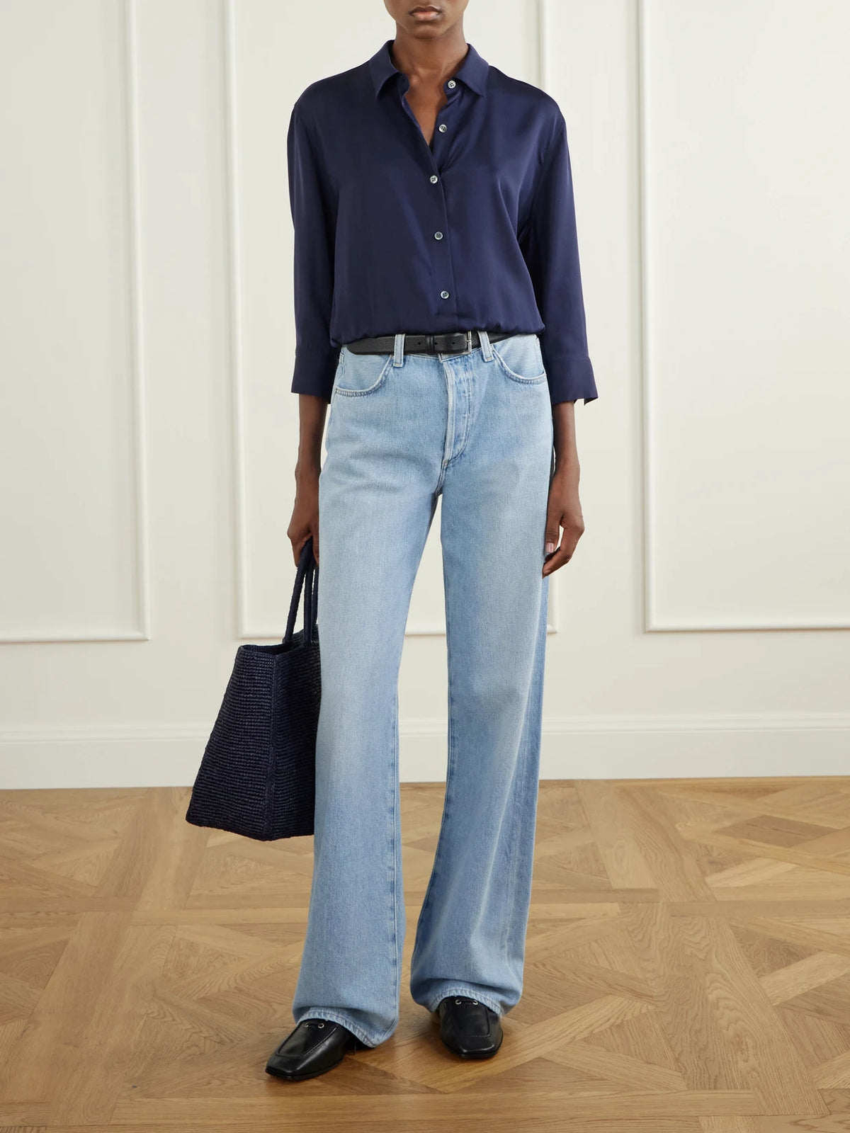 Image of a model wearing Tops. Product name - Gathered Crop Silk-crepe Shirt in Navy colour by brand - Theory