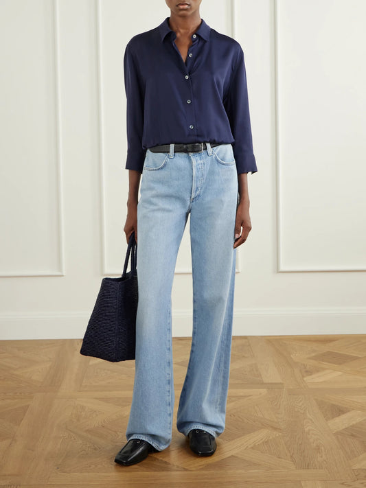 Image of a model wearing Tops. Product name - Gathered Crop Silk-crepe Shirt in Navy colour by brand - Theory
