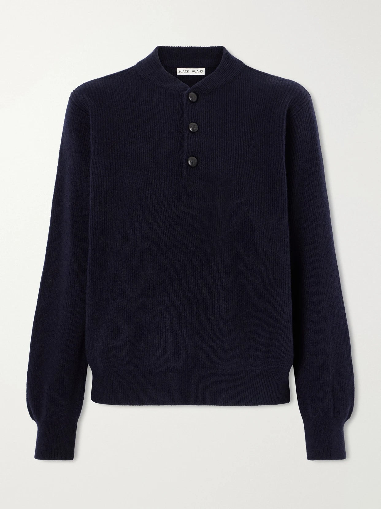 Image of a model wearing Outerwear. Product name - Highland Dorset Ribbed-knit Wool And Cashmere-blend Sweater in Navy colour by brand - BLAZÉ Milano