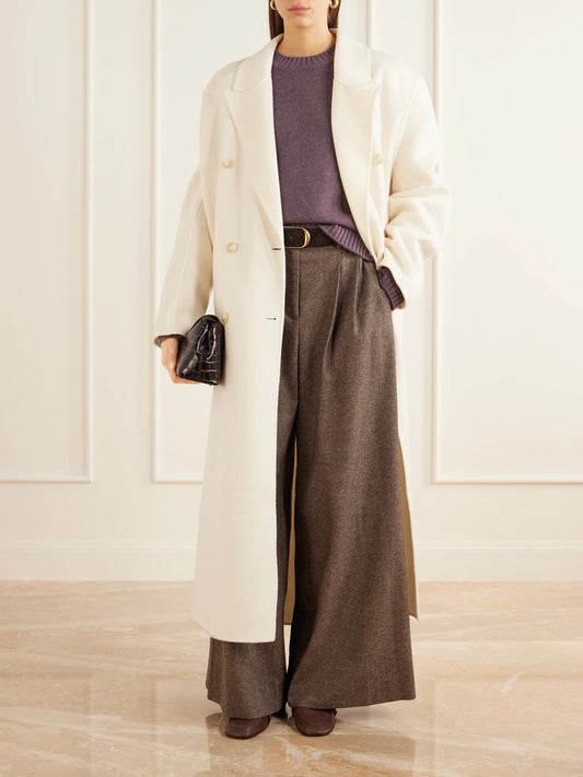 Image of a model wearing Pants. Product name - Avery Stretch Wool And Cashmere-blend Herringbone Wide-leg Pants in Brown colour by brand - TWP