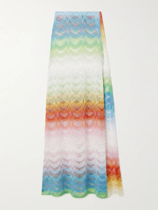 Image of a model wearing Skirts. Product name - Mare Striped Metallic Crochet-knit Maxi Skirt in Multi colour by brand - Missoni