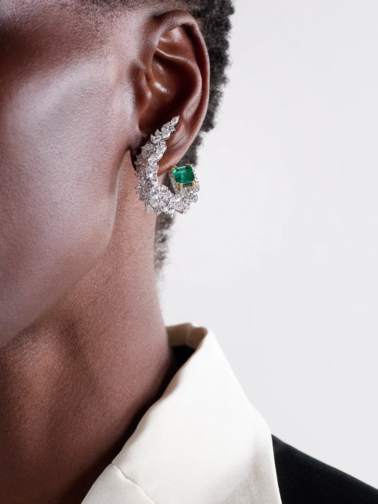 Image of Earrings. Product name - 18-karat White And Yellow Gold, Emerald And Diamond Earrings in Green colour by brand - YEPREM