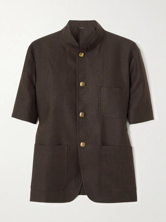 Image of Coats & Jackets. Product name - Spagna Linen Jacket in Dark brown colour by brand - Loro Piana
