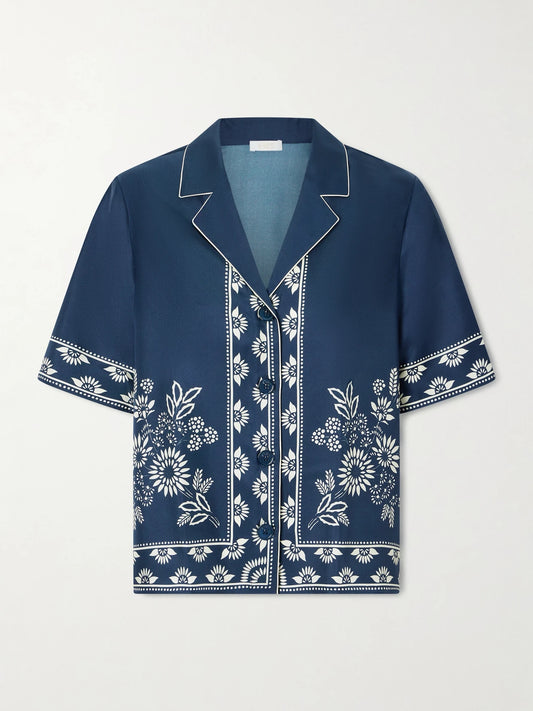 Image of Sleepwear & Loungewear. Product name - Infusion Floral-print Silk-twill Shirt in Navy colour by brand - Eres