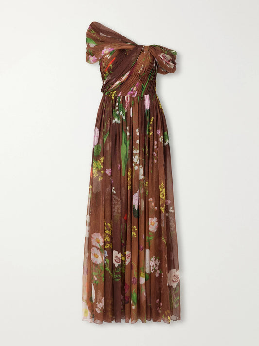 Oscar de la Renta Off-the-shoulder Pleated Floral-print Silk-chiffon Gown