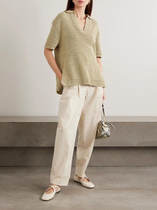 Image of a model wearing Outerwear. Product name - Rian Knitted Polo Shirt in Army green colour by brand - Joseph