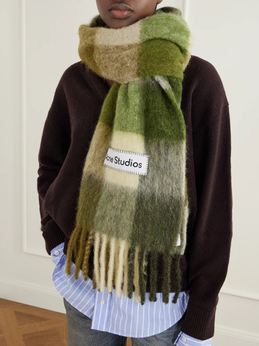 Image of Scarves & Shawls. Product name - Fringed Checked Brushed Alpaca, Wool And Mohair-blend Scarf in Army green, Red colour by brand - Acne Studios