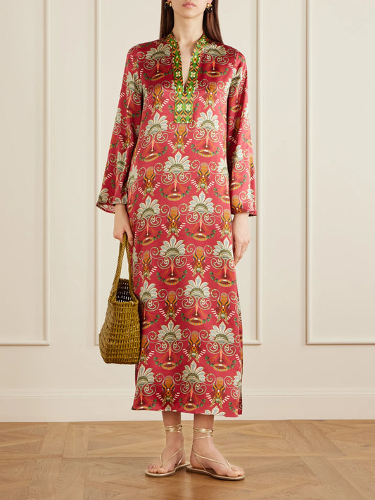 Image of Dresses. Product name - Jenna Printed Silk Midi Dress in Red colour by brand - Emporio Sirenuse
