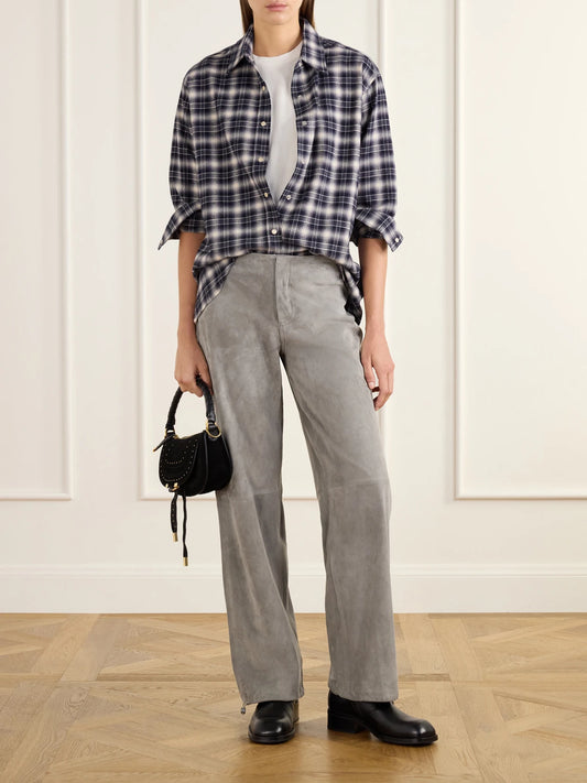 Image of a model wearing Tops. Product name - Noon Checked Cotton-blend Plaid Shirt in Navy colour by brand - Still Here