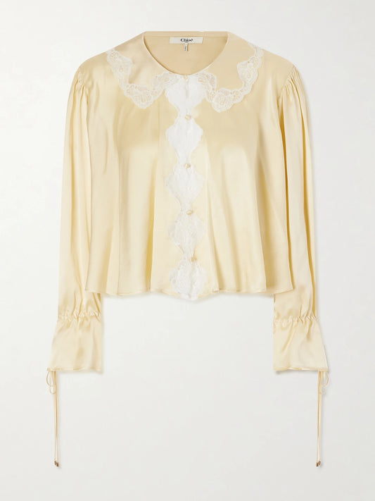 Image of Blouses. Product name - Gathered Lace-trimmed Silk-satin Blouse in Yellow colour by brand - Chloé