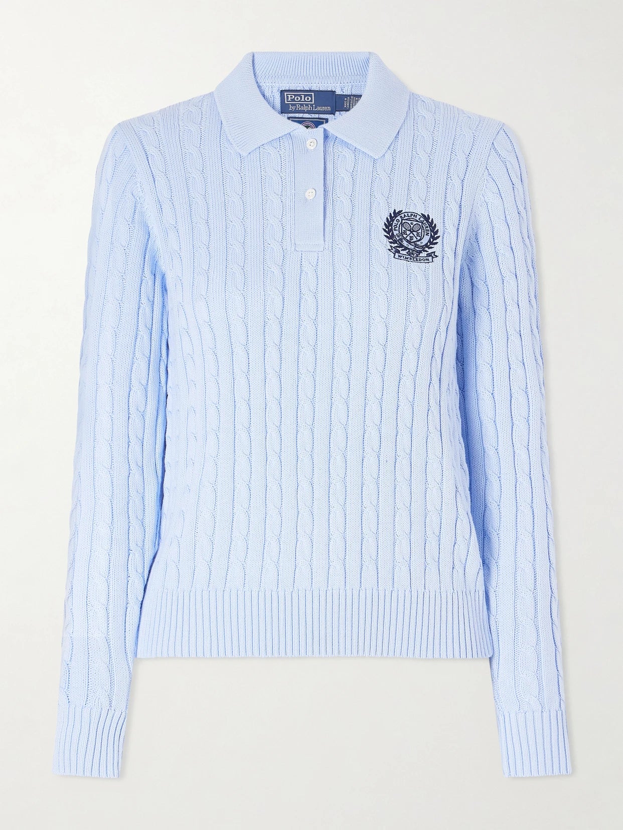 Image of a model wearing Outerwear. Product name - + Wimbledon Logo-embroidered Cable-knit Cotton Polo Shirt in Blue colour by brand - Polo Ralph Lauren