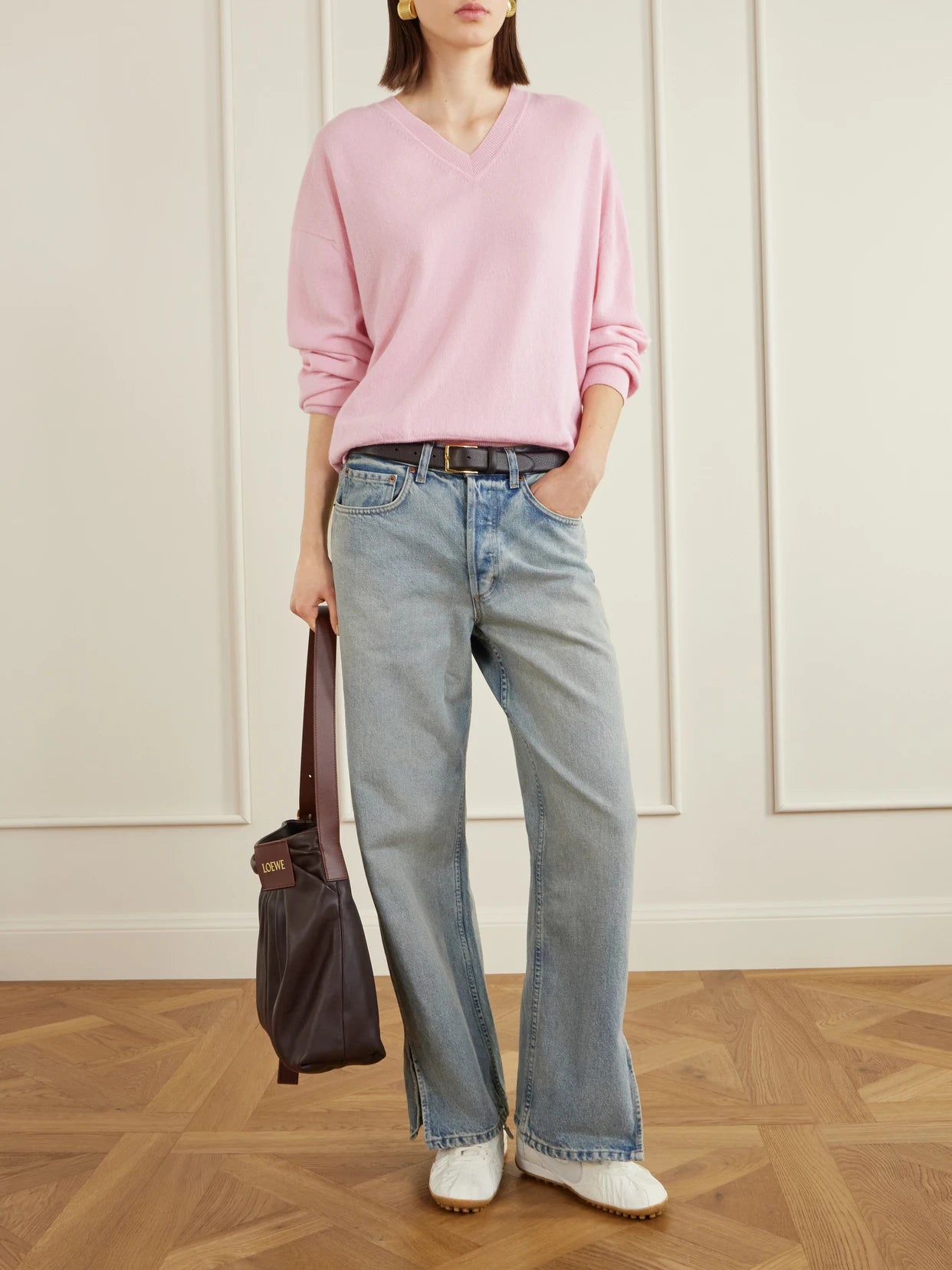 Image of a model wearing Outerwear. Product name - Tahra Cashmere And Cotton-blend Sweater in Pastel pink colour by brand - &Daughter