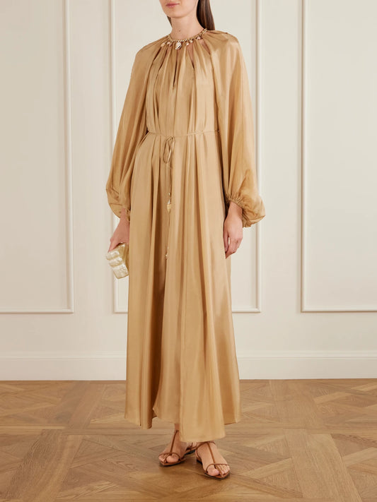 Image of Dresses. Product name - Mahon Embellished Silk Maxi Dress in Gold colour by brand - Zimmermann