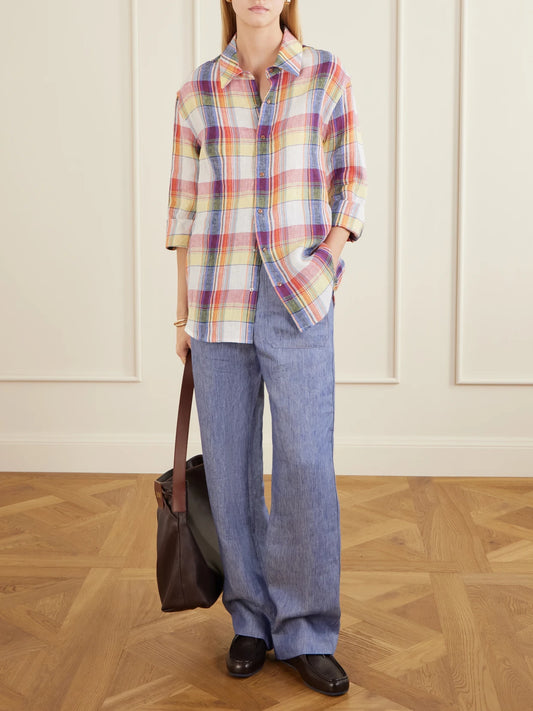 Image of a model wearing Tops. Product name - Daybreak Checked Linen Shirt in Red colour by brand - God's True Cashmere