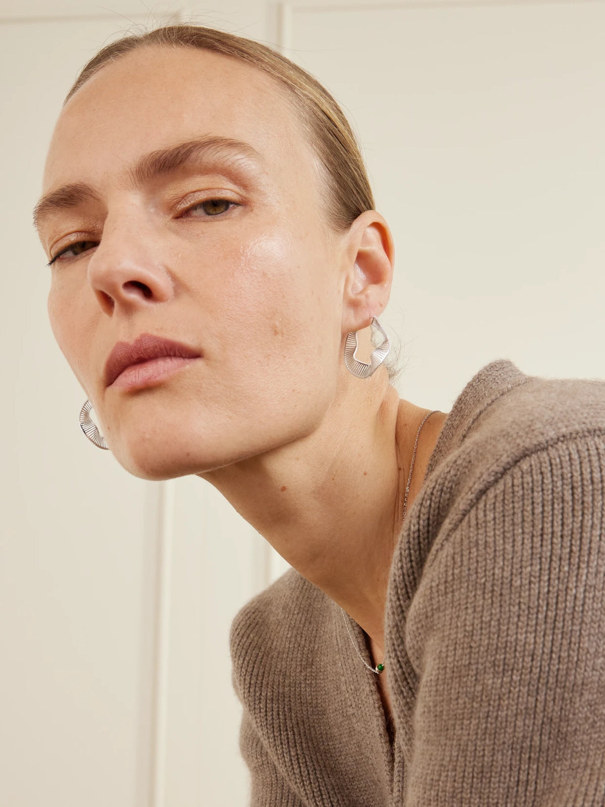 Image of Earrings. Product name - Waves 18-karat White Gold Diamond Hoop Earrings in Multi colour by brand - L'Atelier Nawbar