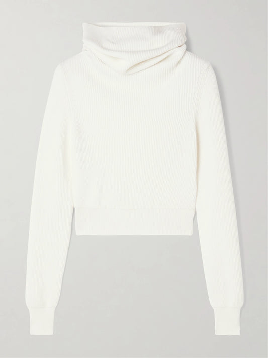 Image of a model wearing Tops. Product name - Hooded Cropped Ribbed Wool-blend Sweater in White colour by brand - Alaïa