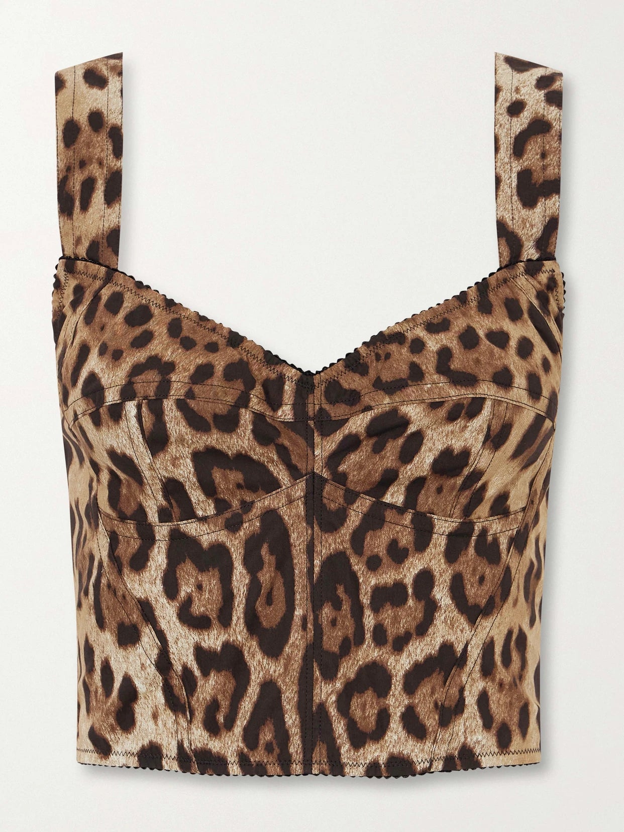 Image of a model wearing Tops. Product name - Cropped Leopard-print Stretch-canvas Bustier Top in Leopard print colour by brand - Dolce & Gabbana