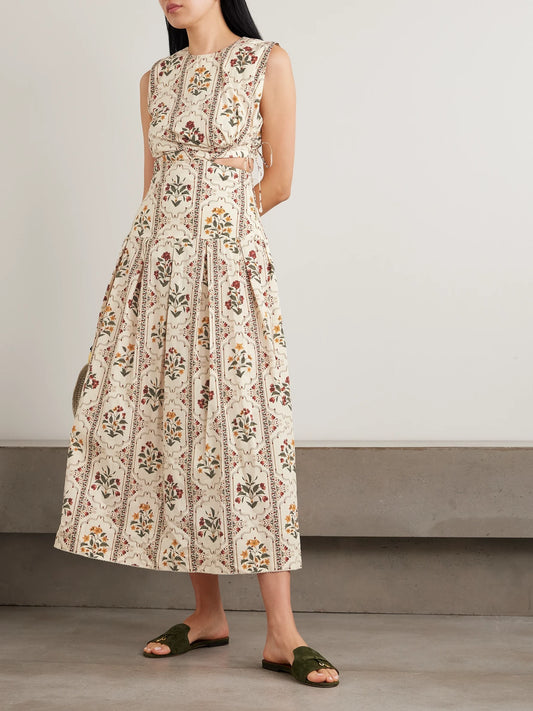 Image of Dresses. Product name - Otoño Andes Embellished Cutout Pleated Printed Cotton Midi Dress in Multi colour by brand - Agua by Agua Bendita