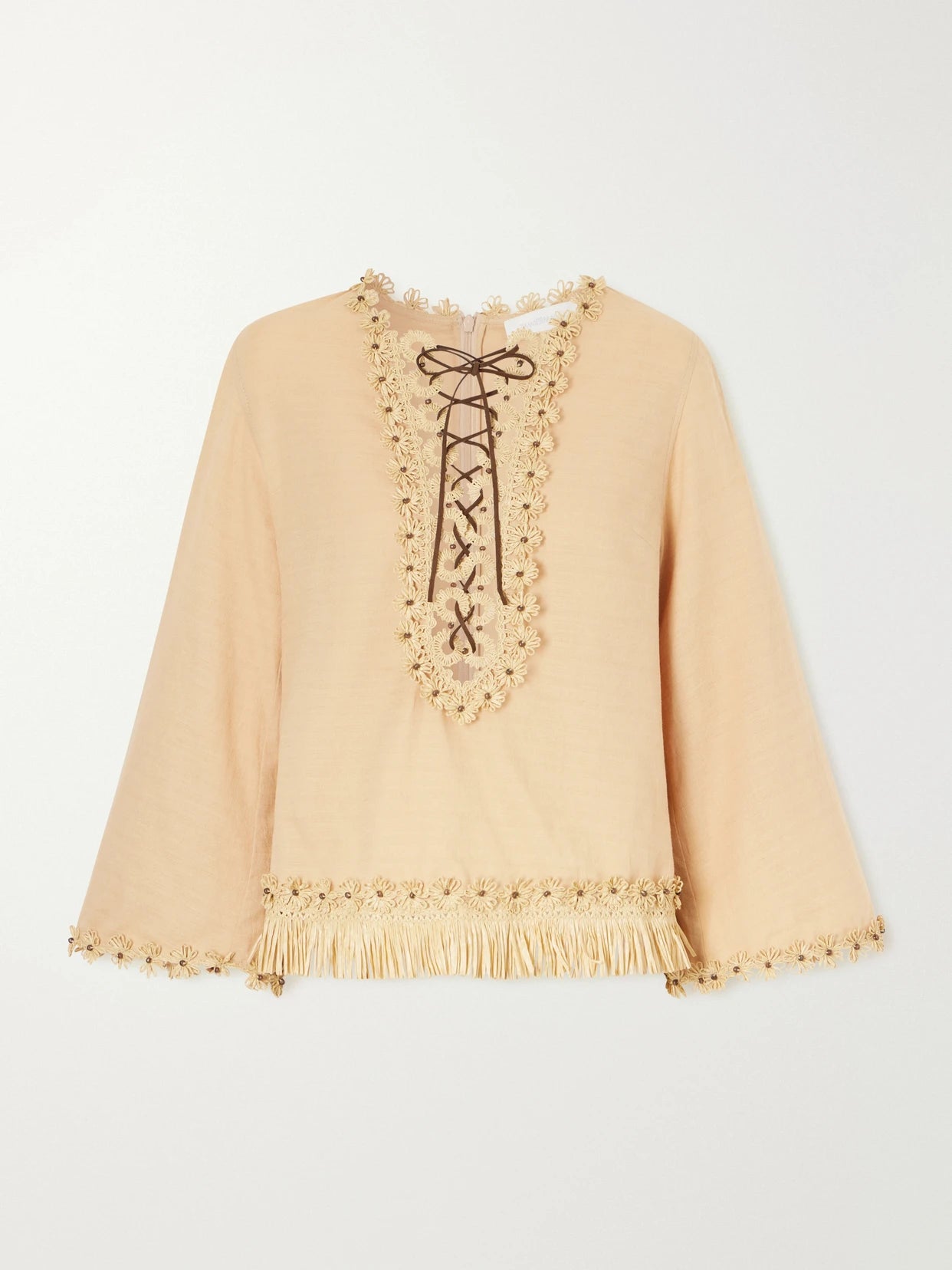 Image of Blouses. Product name - Mahon Leather And Raffia-trimmed Cotton Blouse in Cream colour by brand - Zimmermann
