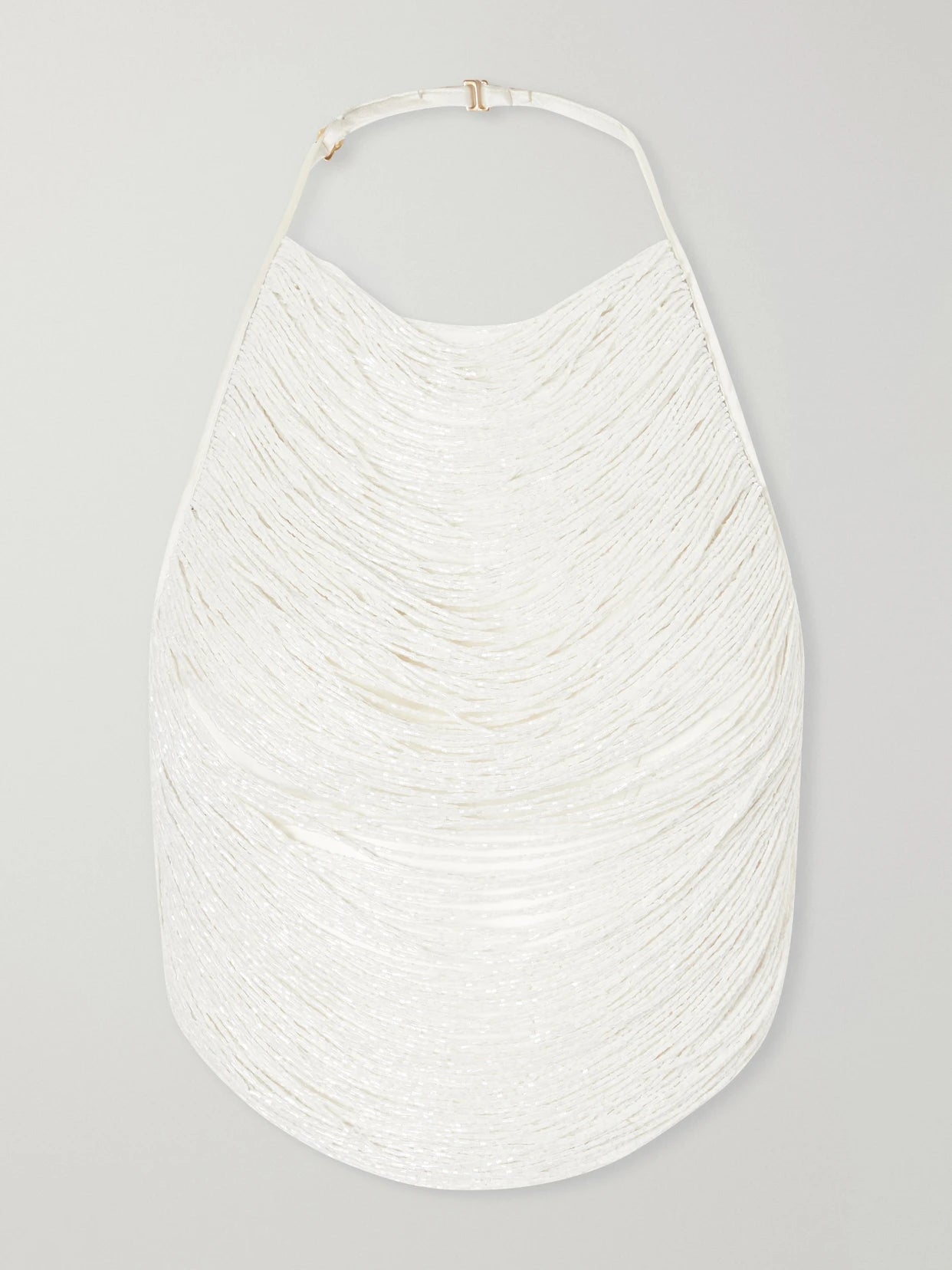 Image of a model wearing Tops. Product name - Tanner Bead-embellished Silk-blend Satin Tank in Off-white colour by brand - Cult Gaia