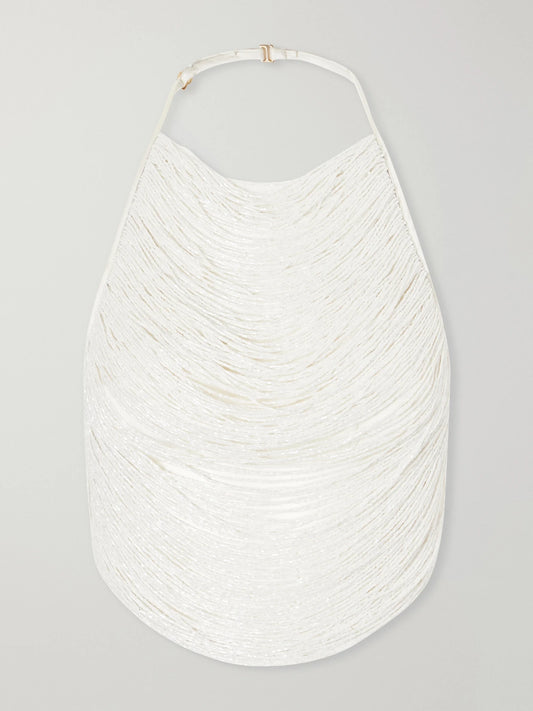 Image of a model wearing Tops. Product name - Tanner Bead-embellished Silk-blend Satin Tank in Off-white colour by brand - Cult Gaia