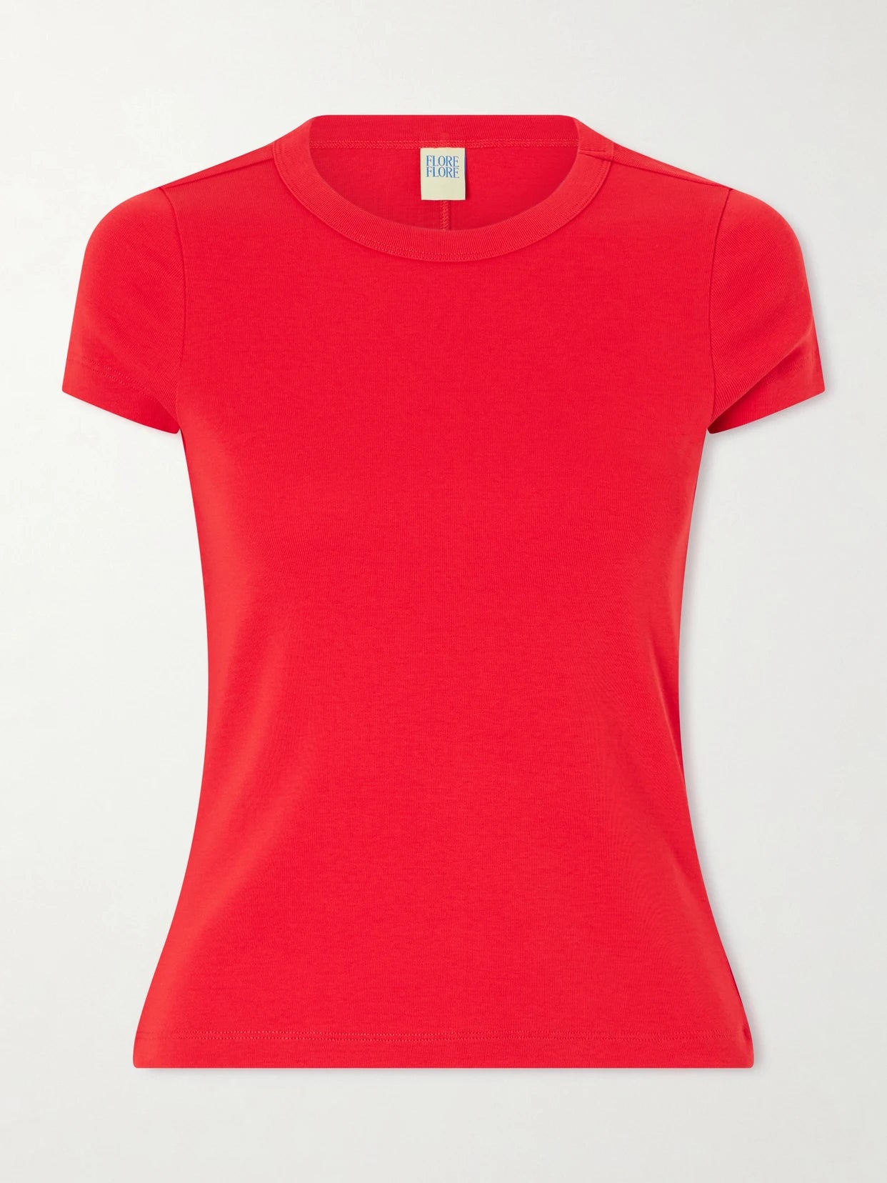 Image of a model wearing Tops. Product name - Car Baby Tee Ribbed Organic Cotton-jersey T-shirt in Red colour by brand - FLORE FLORE