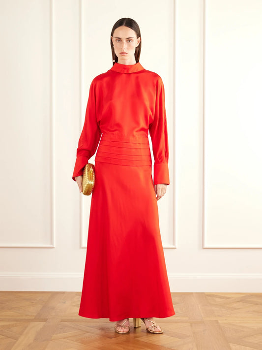 Image of Dresses. Product name - Damar Pleated Silk-twill Maxi Dress in Red colour by brand - RÓHE