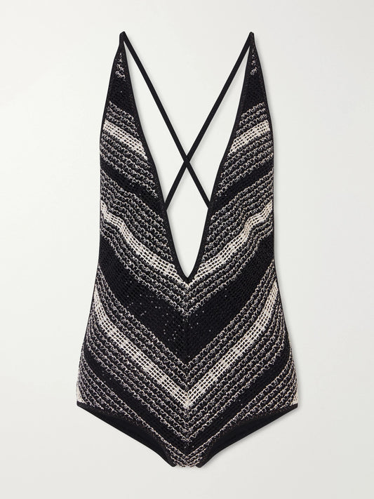 Image of Swimwear. Product name - Striped Metallic Crochet-knit One-piece in Black colour by brand - Missoni