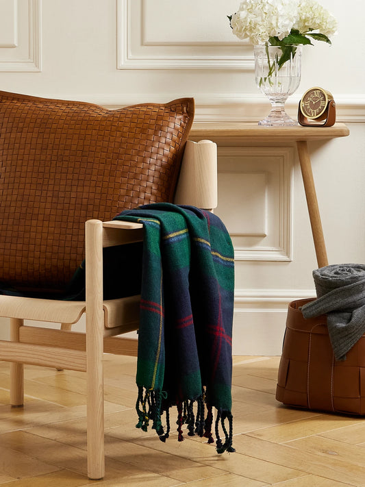 Image of Chair & Sofa Cushions. Product name - Langport Fringed Checked Wool And Linen-blend Blanket in Green colour by brand - Ralph Lauren Home