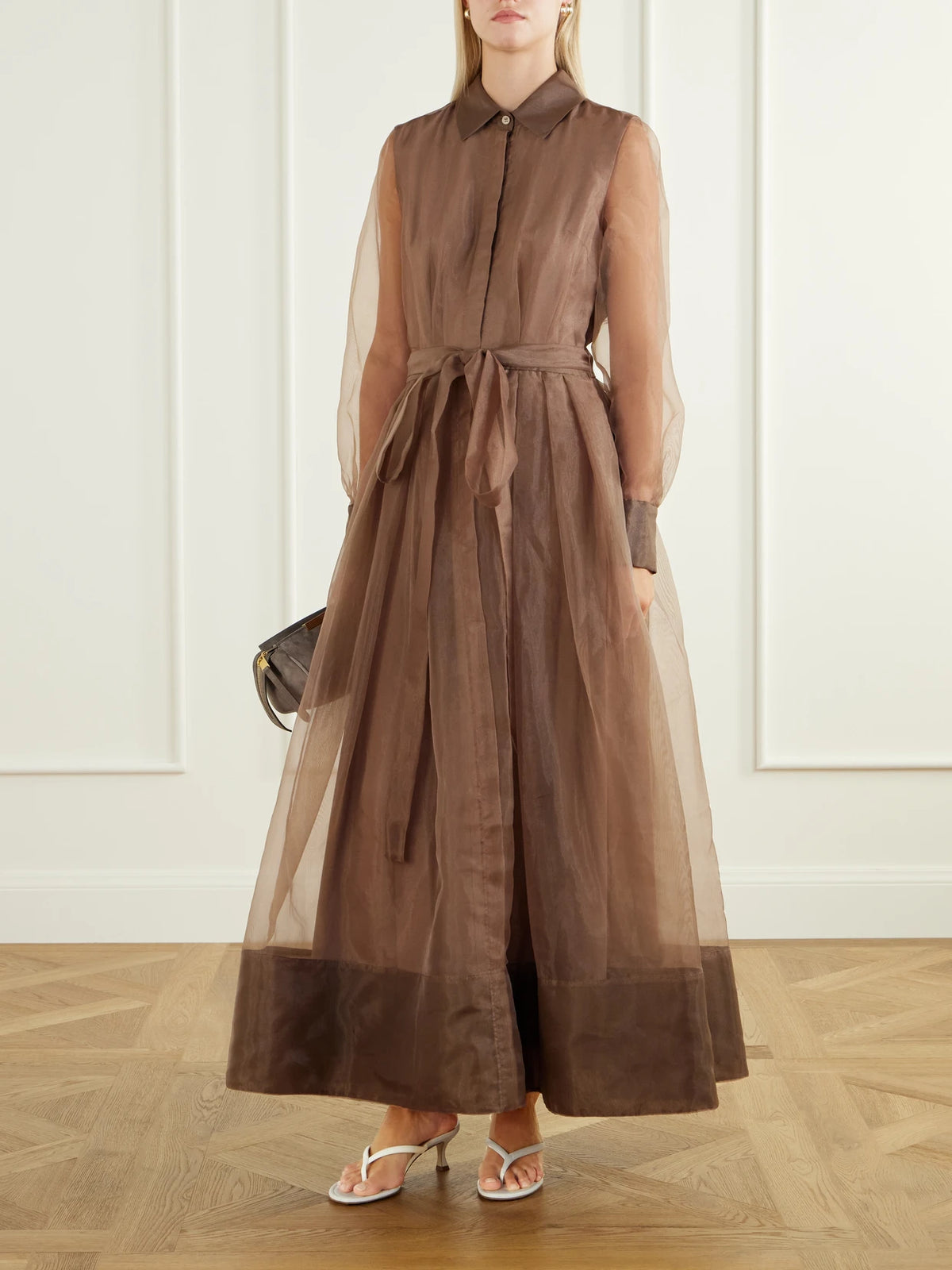 Image of Dresses. Product name - Montgomery Belted Organza Gown in Brown colour by brand - SIMKHAI