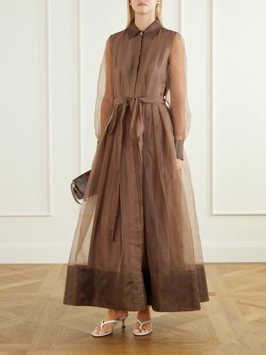 Image of Dresses. Product name - Montgomery Belted Organza Gown in Brown colour by brand - SIMKHAI