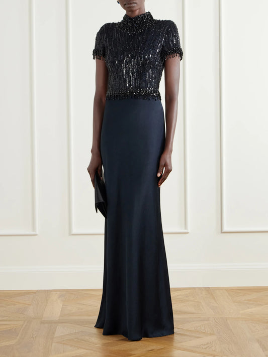Image of Dresses. Product name - Trinity Beaded Satin Gown in Navy colour by brand - Jenny Packham