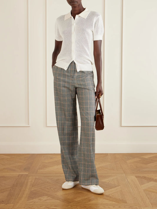Image of a model wearing Pants. Product name - Checked Wool Straight-leg Pants in Gray colour by brand - Stella McCartney