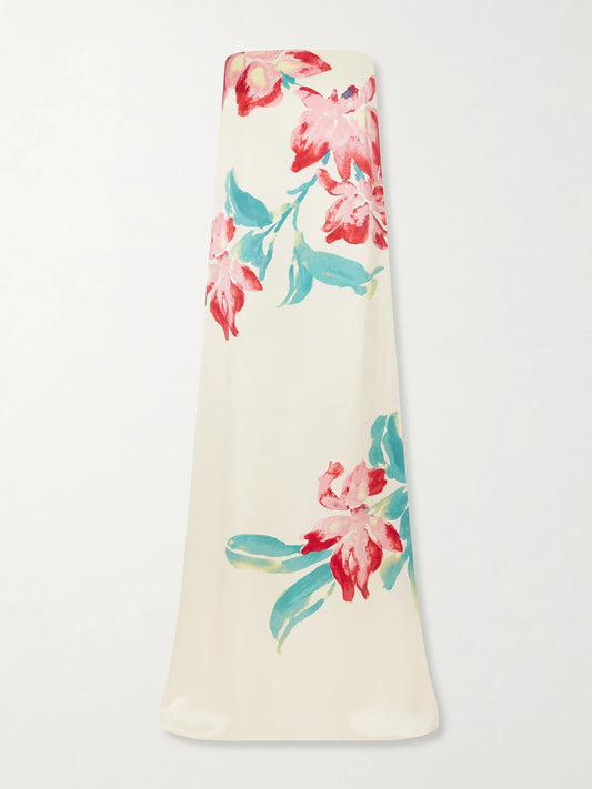 Image of Dresses. Product name - Sunblush Bloom Floral-print Silk Gown in Pastel yellow colour by brand - Rebecca Vallance