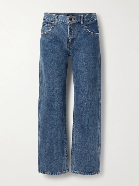 Image of Jeans. Product name - Kerrie Distressed Low-rise Straight-leg Jeans in Blue colour by brand - KHAITE