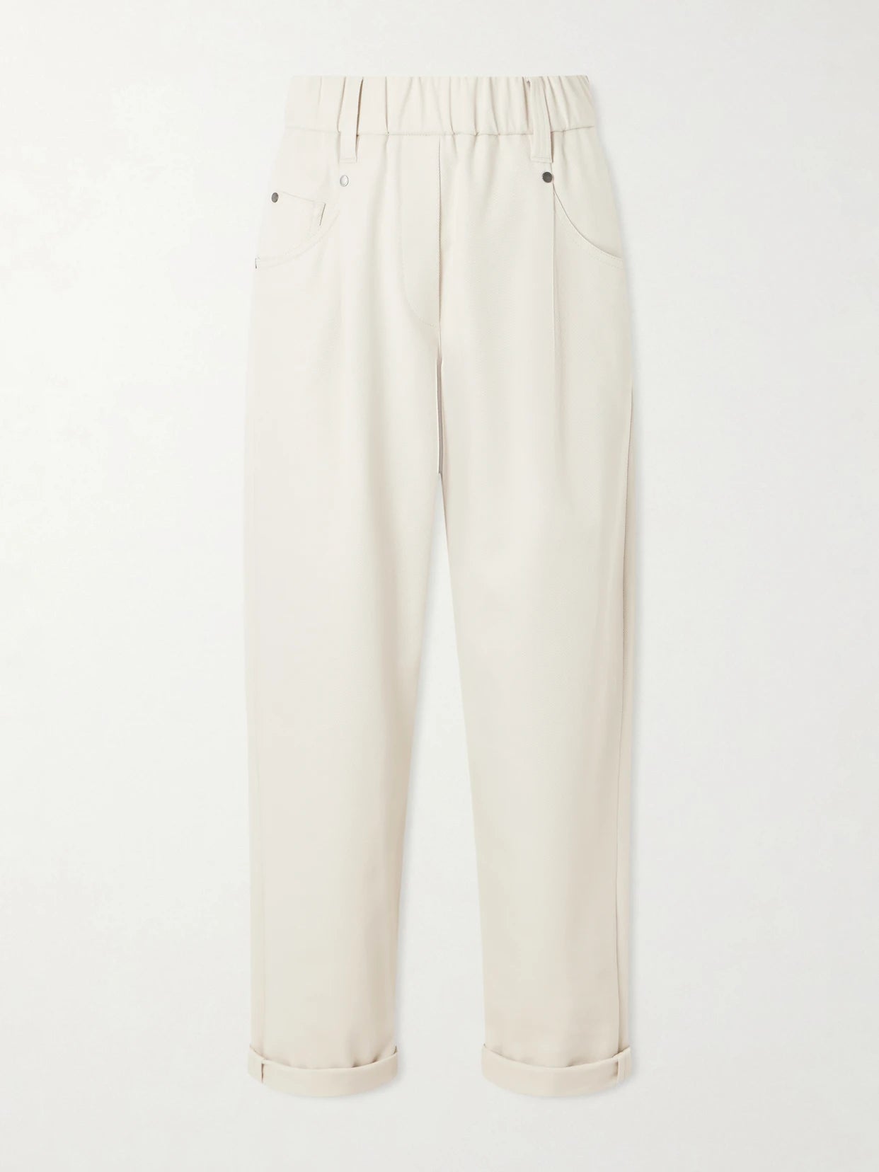 Image of a model wearing Pants. Product name - Tapered Cotton-blend Trousers in Sand colour by brand - Brunello Cucinelli