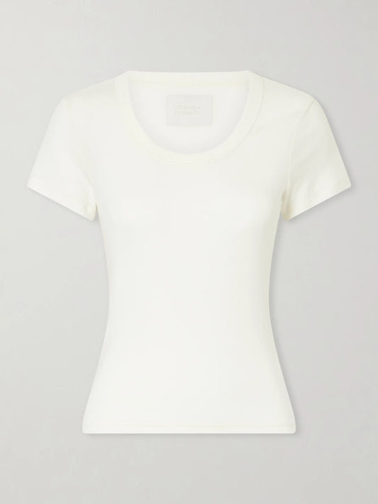 Image of a model wearing Tops. Product name - Maude Jersey T-shirt in Cream colour by brand - Citizens of Humanity