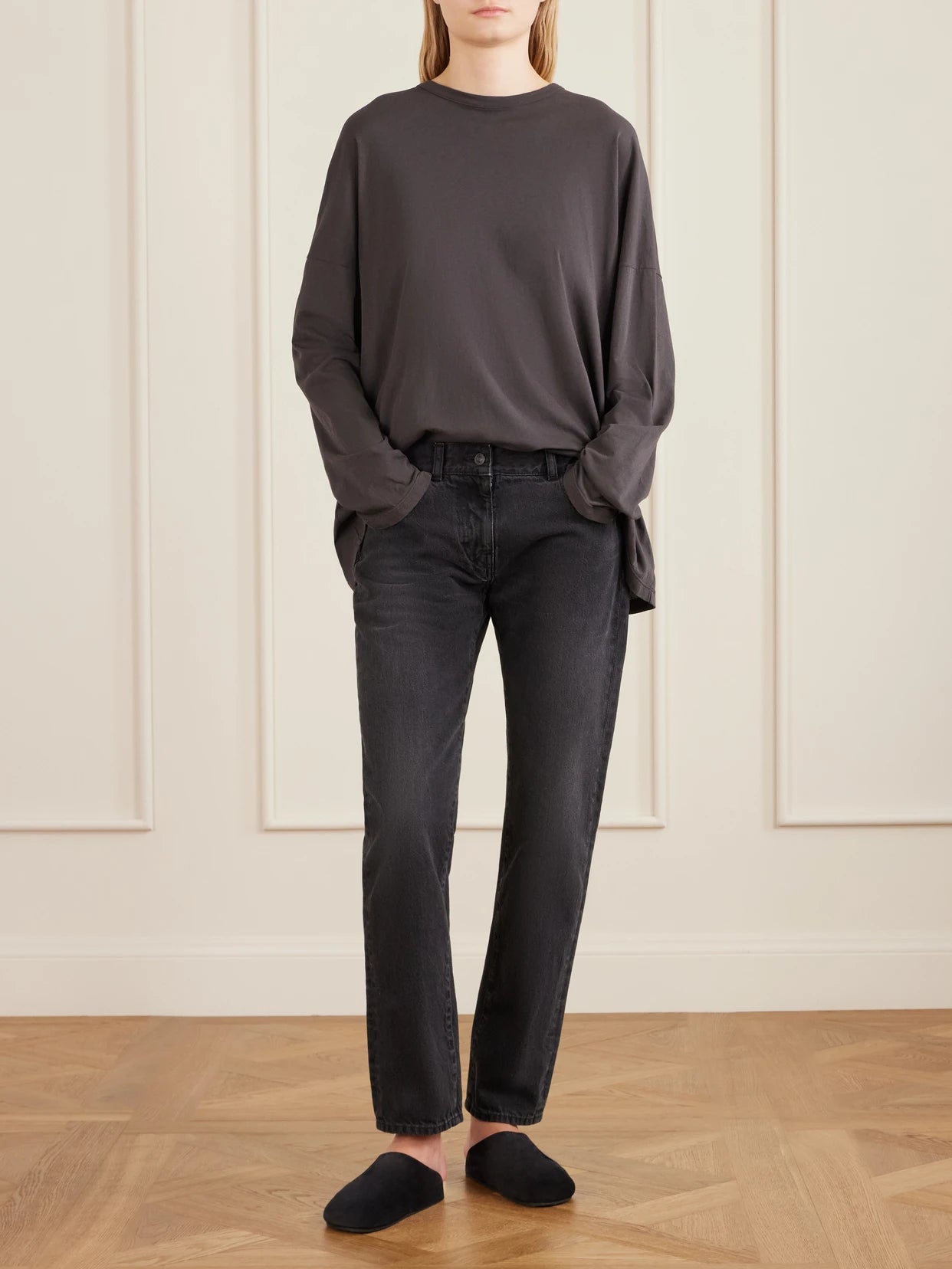 Image of Jeans. Product name - Booker Mid-rise Straight-leg Jeans in Black colour by brand - The Row
