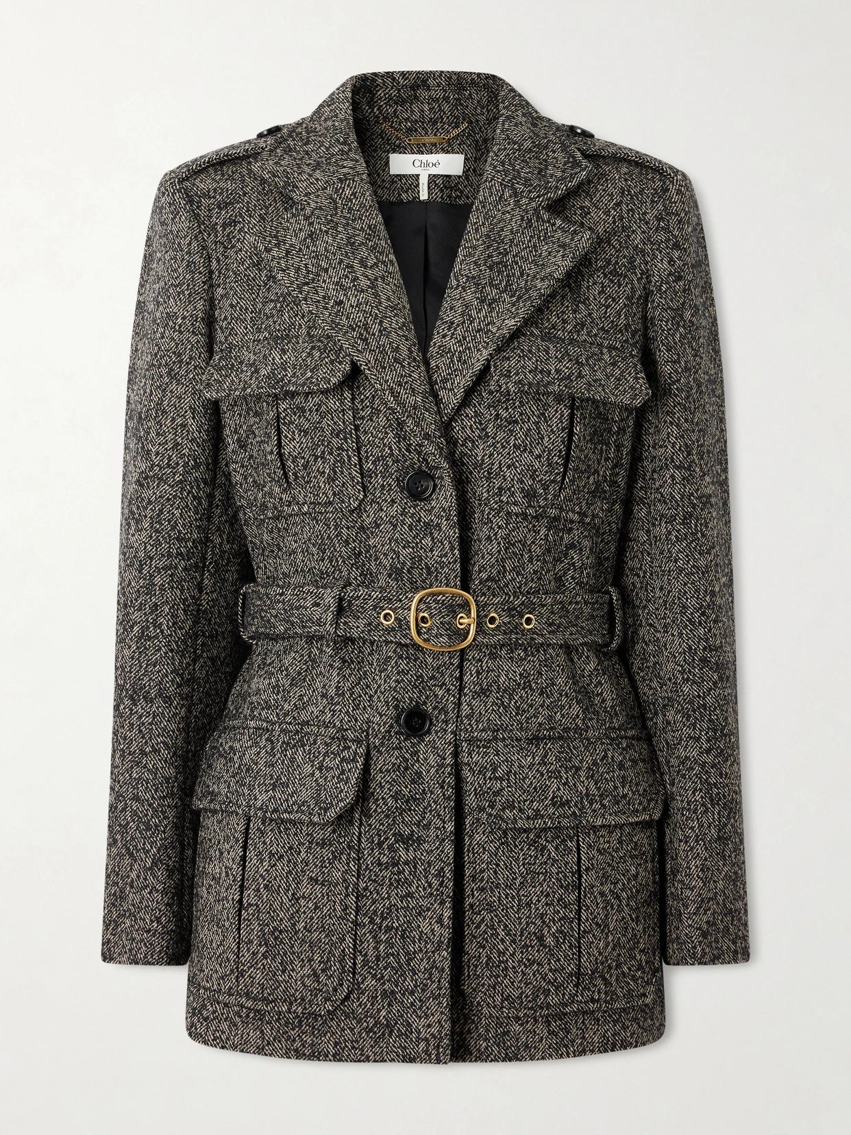 Image of Coats & Jackets. Product name - Belted Herringbone Wool-blend Jacket in Brown colour by brand - Chloé