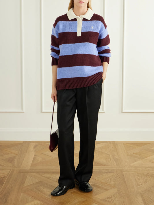 Image of a model wearing Outerwear. Product name - Logo-embroidered Striped Wool-blend Polo Sweater in Multi colour by brand - Polo Ralph Lauren