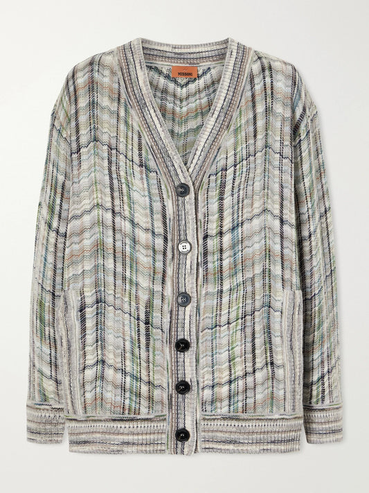 Image of a model wearing Outerwear. Product name - Striped Crochet-knit Wool-blend Cardigan in Multi colour by brand - Missoni