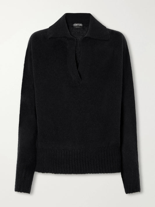 Image of a model wearing Outerwear. Product name - Ribbed Cashmere And Silk-blend Knitted Polo Shirt in Black colour by brand - TOM FORD