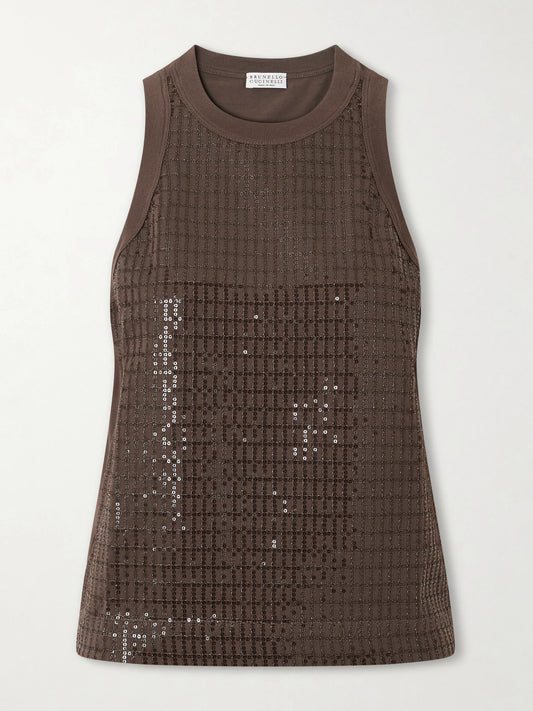 Image of a model wearing Tops. Product name - Sequin-embellished Stretch-cotton Jersey Tank in Dark brown colour by brand - Brunello Cucinelli