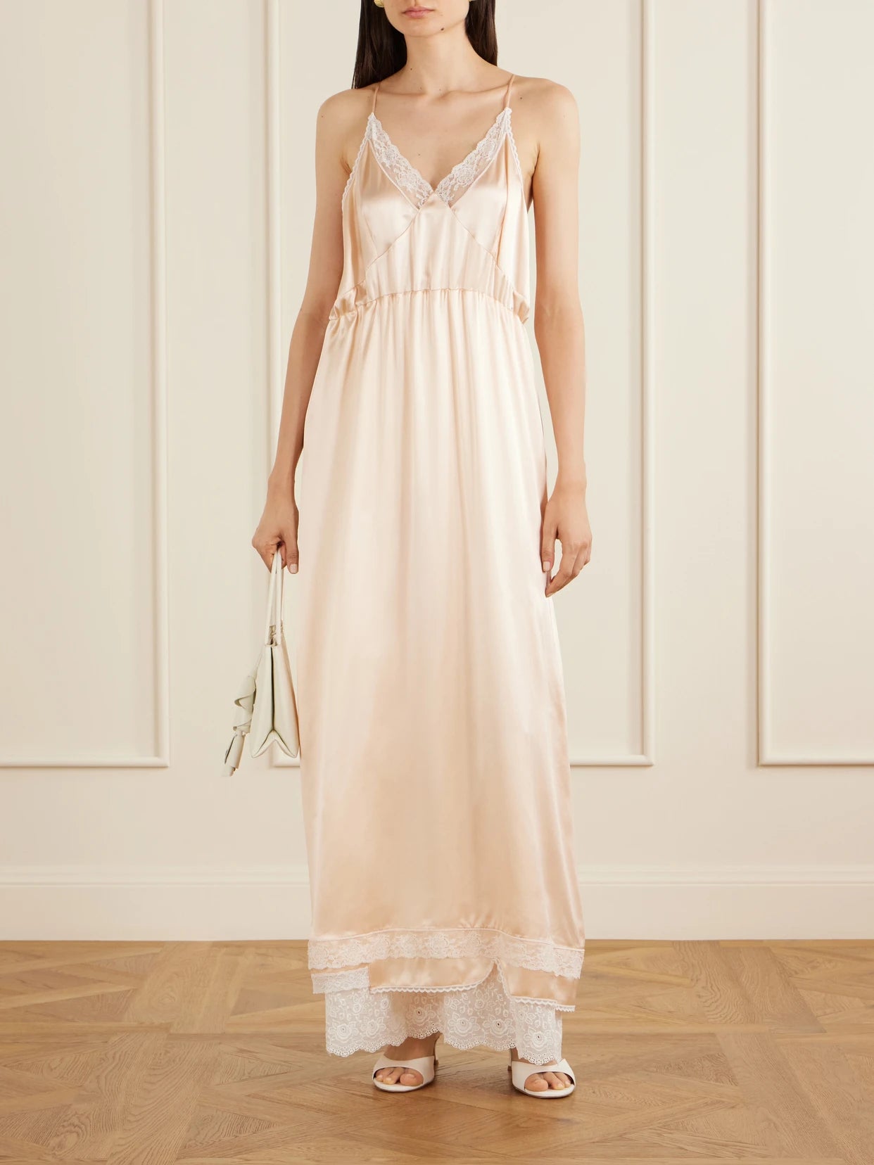 Image of Dresses. Product name - Lace-trimmed Silk Satin Maxi Dress in Orange colour by brand - Magda Butrym