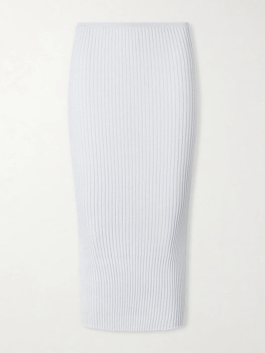 Image of a model wearing Skirts. Product name - Blake Metallic Ribbed-knit Midi Skirt in Light blue colour by brand - LESET